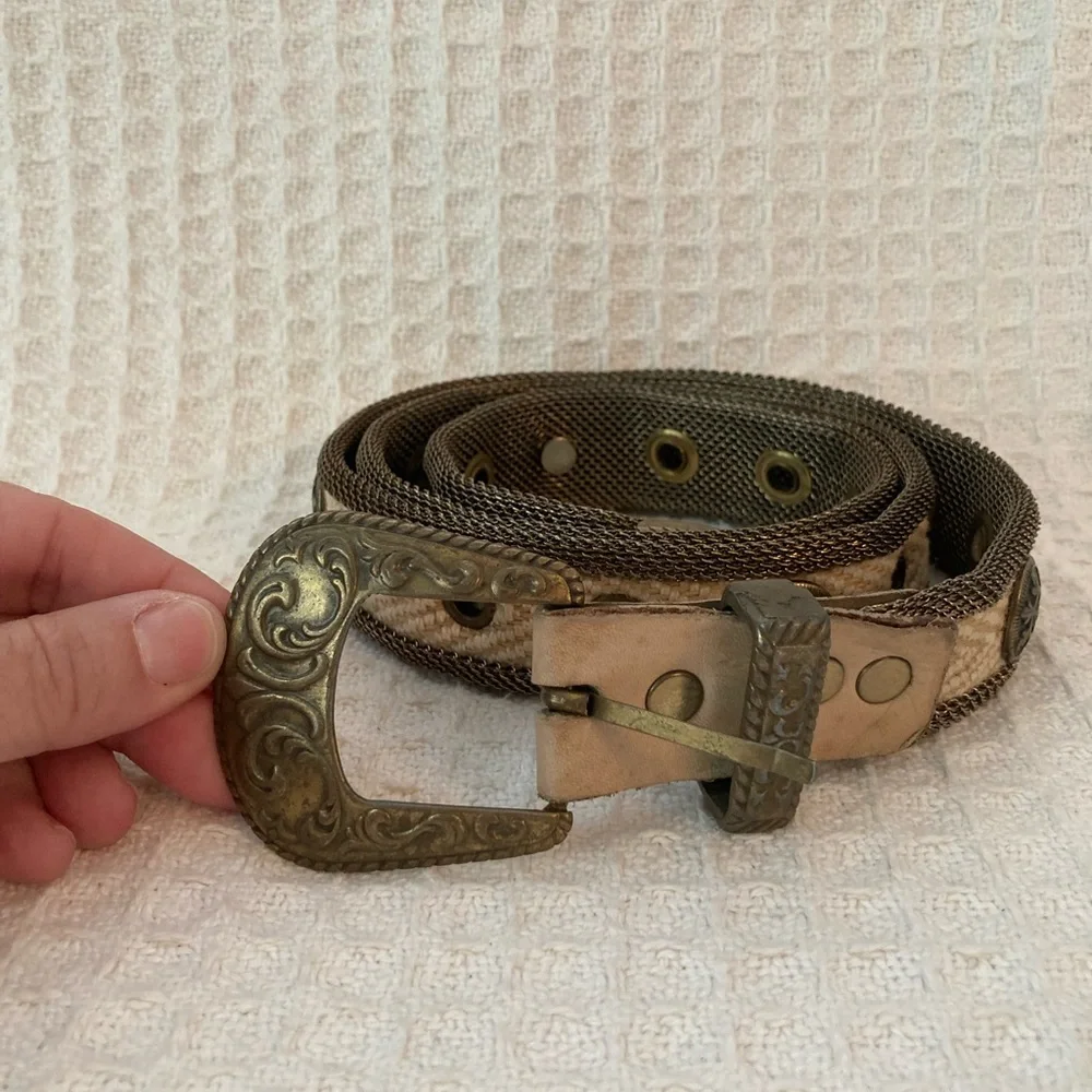 Sand Castle Vintage Metal, Mesh, Fabric And Leather Belt